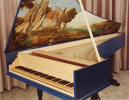 A view of the harpsichord made for the University of Ferrara. Note that the castle of Ferrara, which is in the middle of the town, has been transported into a fantastick landscape, based on an idea by Barbara Walker