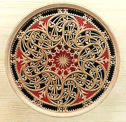 An intricate Venetian rose made by Denzil Wraight with a six-fold division of the circle in the Gothic style, as made in the late 16th century using layers of cypress wood reinforced with thin parchment